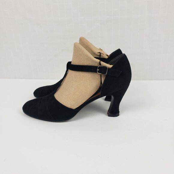 Stuart Weitzman Sz 7 Black TStrap Heels for Neiman Marcus Slits 3" Suede Shoes - Picture 5 of 16